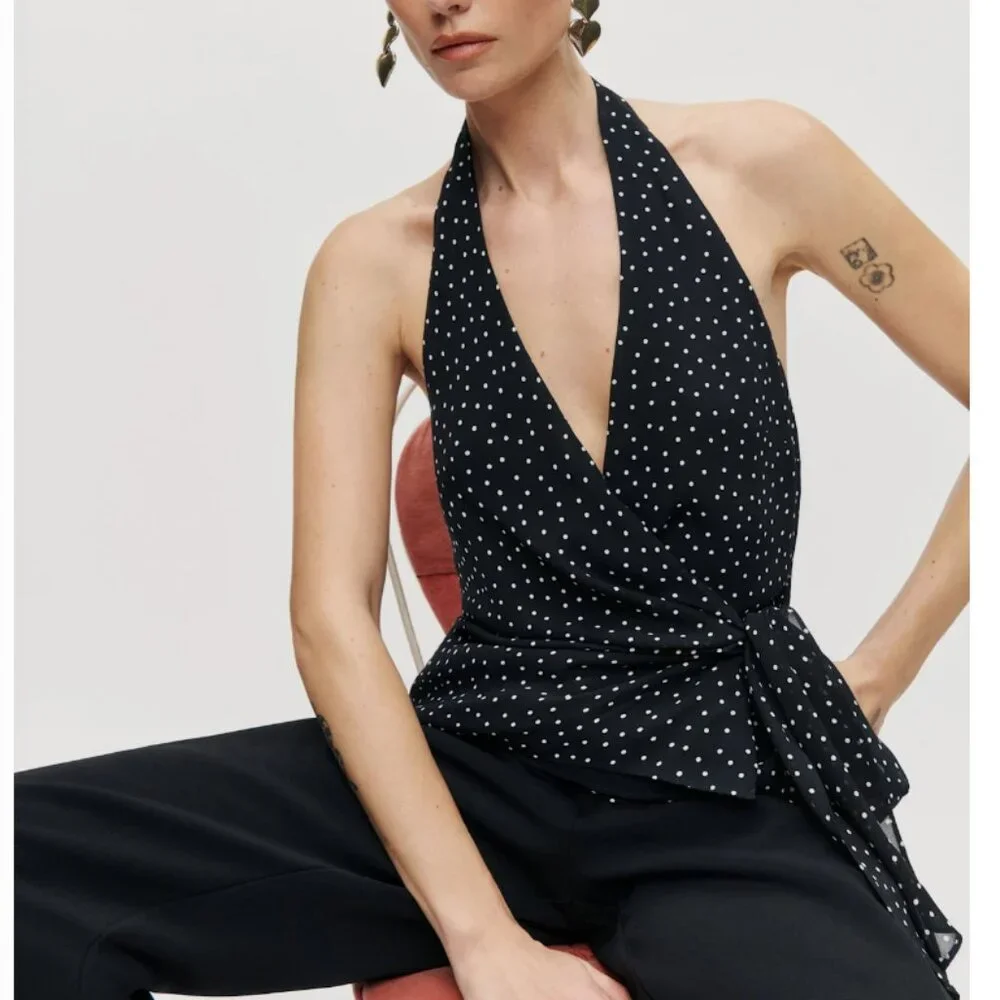 Reformation Nila Top Small Selene Black White Polka Dots Halter French Cocktail